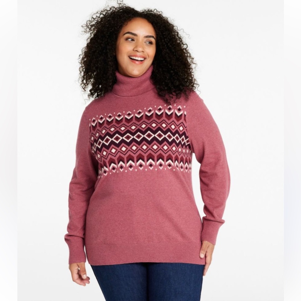 NWTs LL BEAN Sz 1X Women's Pink Patterned Turtleneck cotton cashmere Sweater
